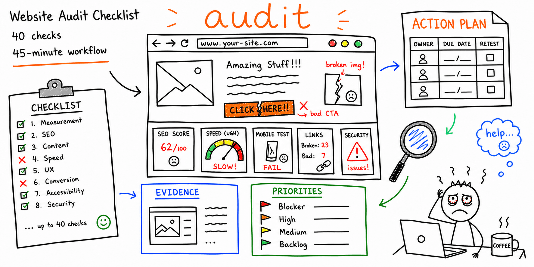 Website audit checklist: 40 checks and a 45-minute workflow
