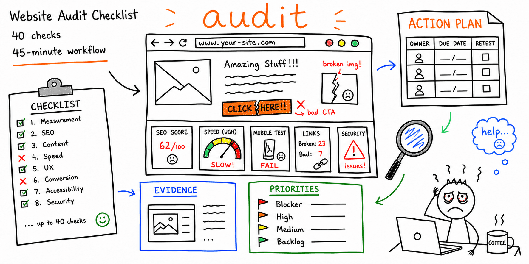 Website audit checklist: 40 checks and a 45-minute workflow