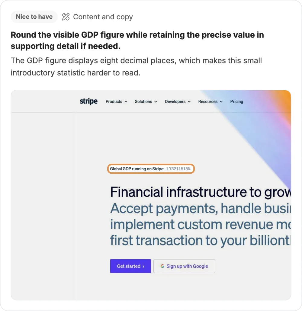 A Nice to have content finding. The proof screenshot highlights the line Global GDP running on Stripe, then a percentage with eight decimal places