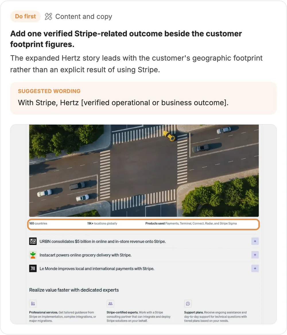 A Do first content finding. The proof screenshot highlights the Hertz customer story row, which lists countries, locations and products used