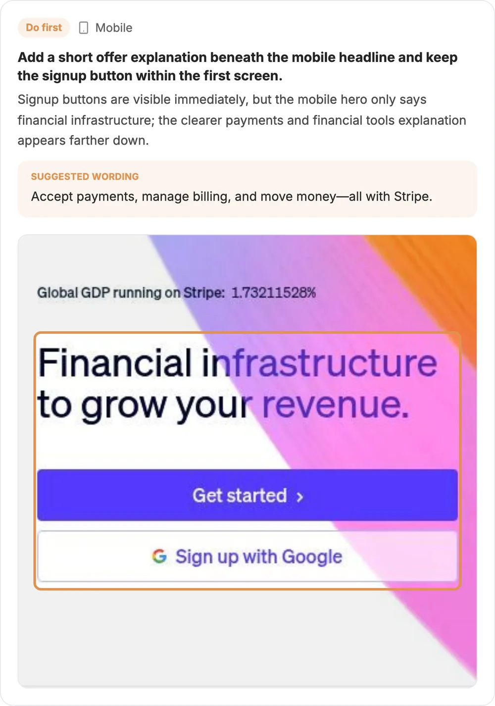 A Do first mobile finding. The proof screenshot of the phone view highlights the headline and two signup buttons on the first phone screen